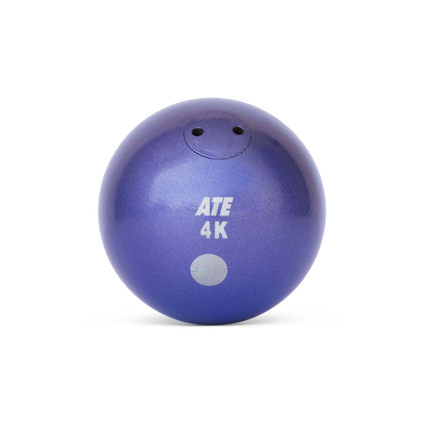 A blue shot put with the ATE brand logo and the text '4K' on it.